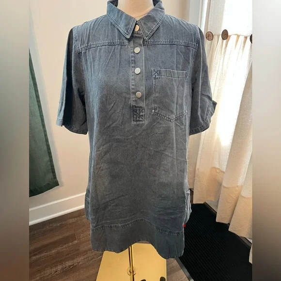 Women’s Denim Polo Baby Doll Dress With Pockets in Washed Blue - Picture 3 of 8